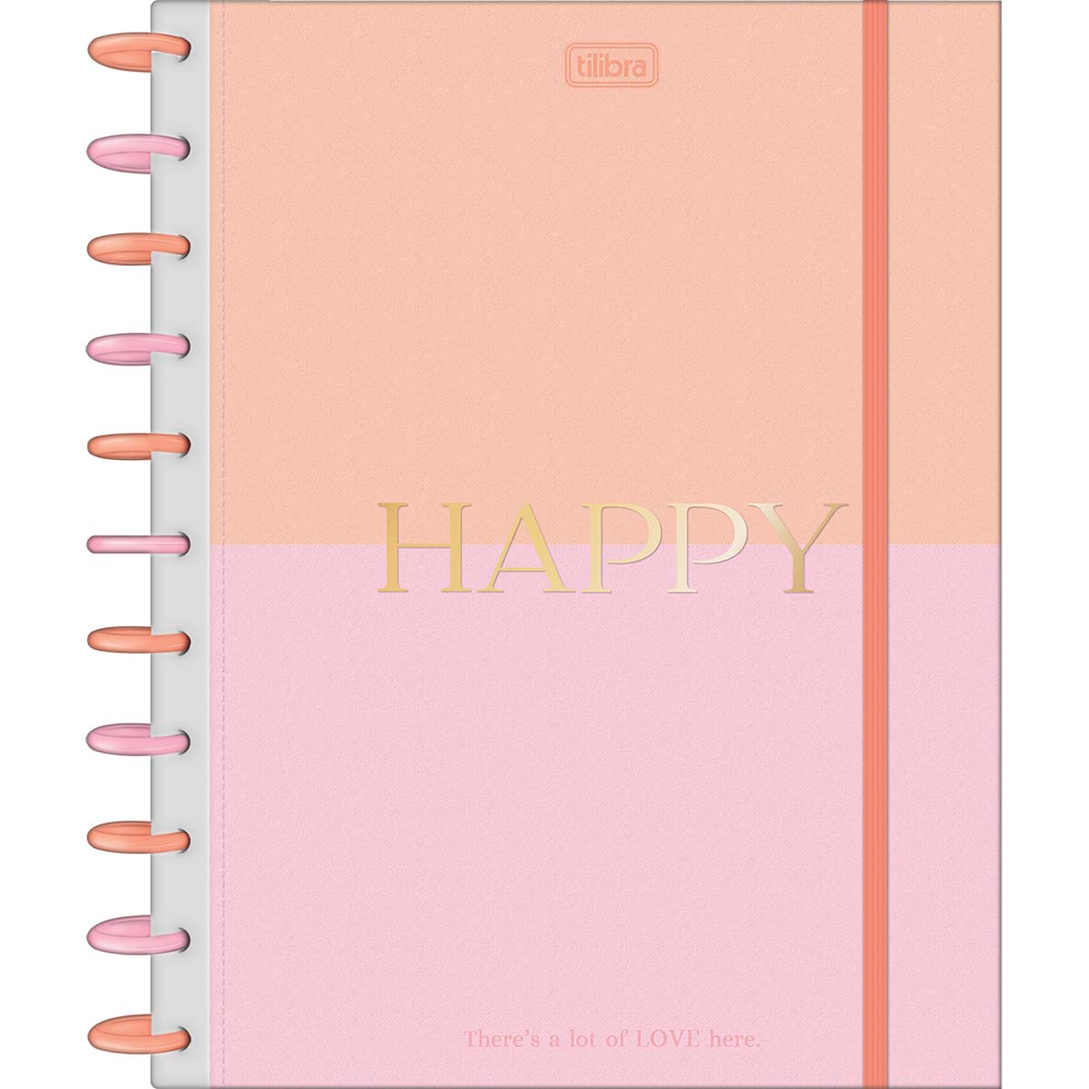 Capa de caderno Tilbra com a palavra 'HAPPY' em dourado