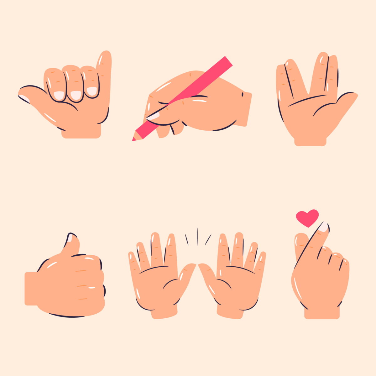 Ilustrações de mãos fazendo gestos simples que envolvem coordenação motora fina