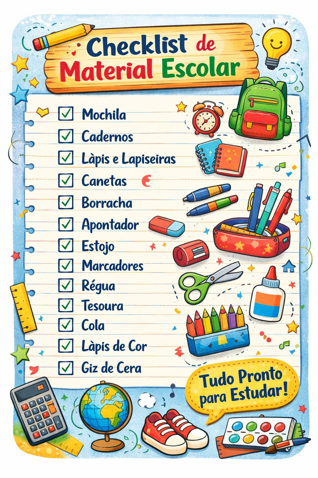 Checklist colorido de material escolar para estudantes.