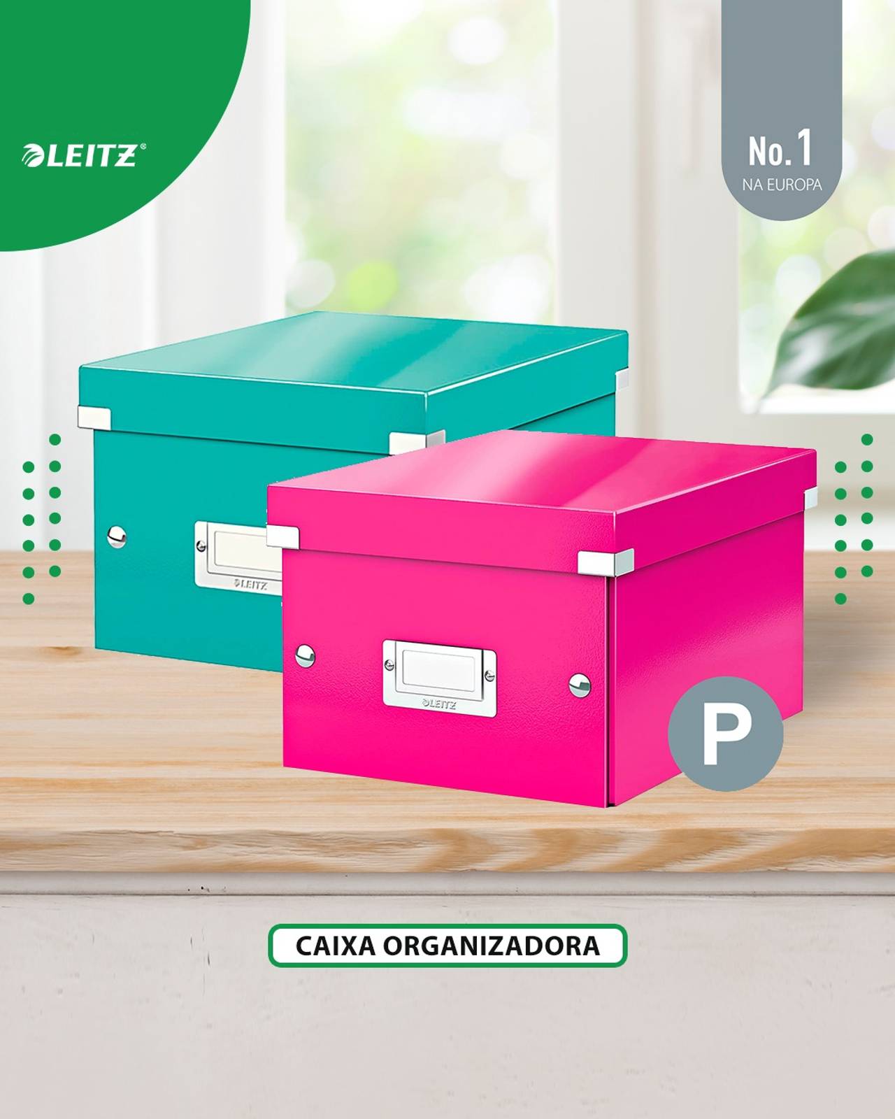Caixas organizadoras da linha Leitz, sendo uma verde-água e uma cor-de-rosa
