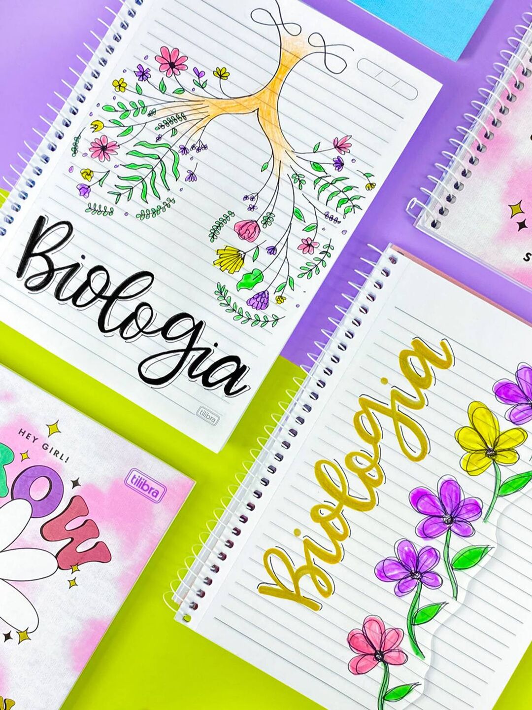 Cadernos de Biologia coloridos com flores e desenhos.