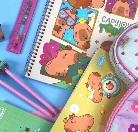 Materiais escolares coloridos com capivara simpática