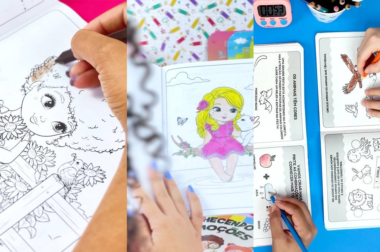 Crianças pintando desenhos impressos em papel