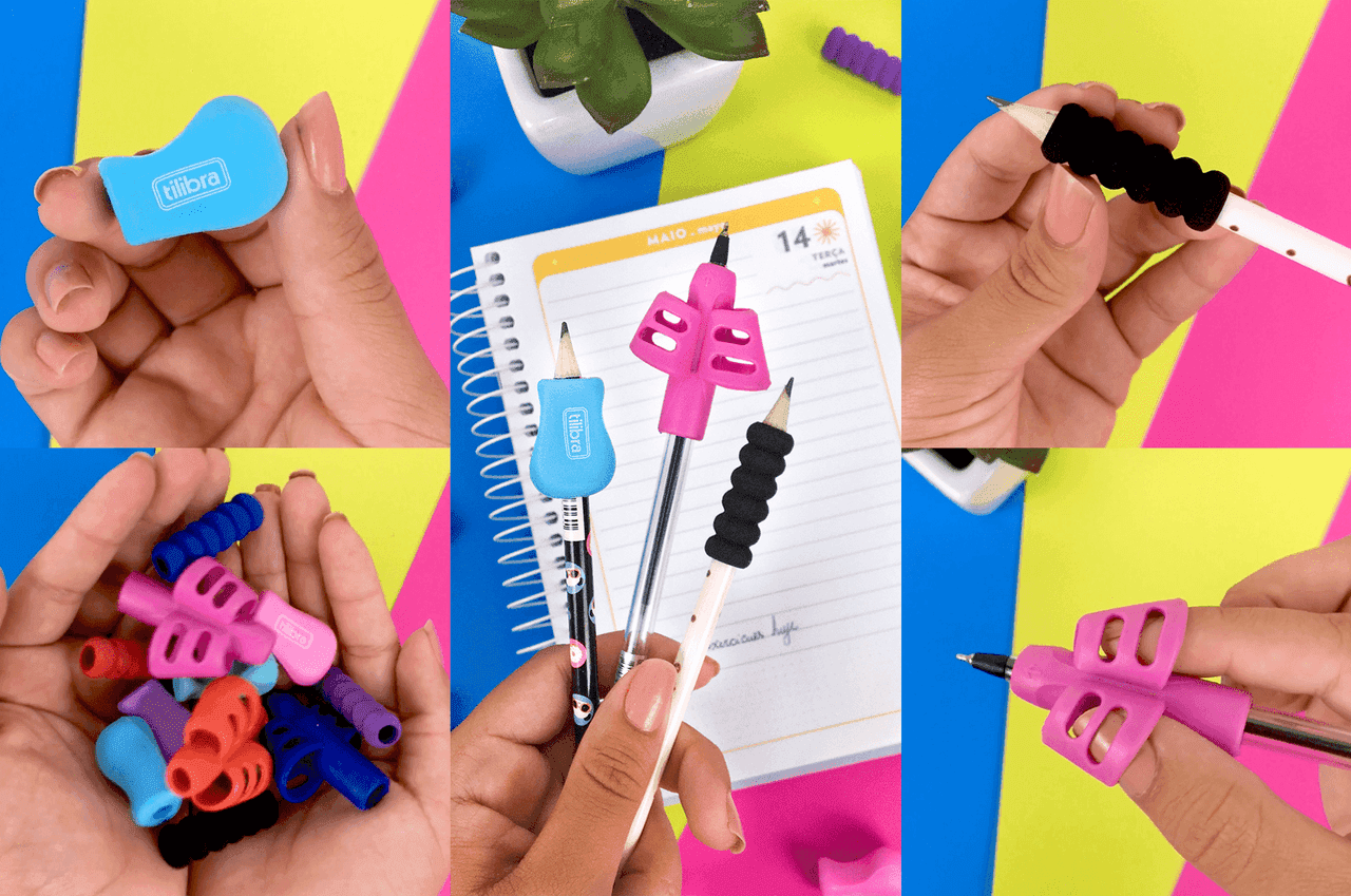 Suporte de pegador para canetas e lapis com cores diversas como rosa,azul e preto