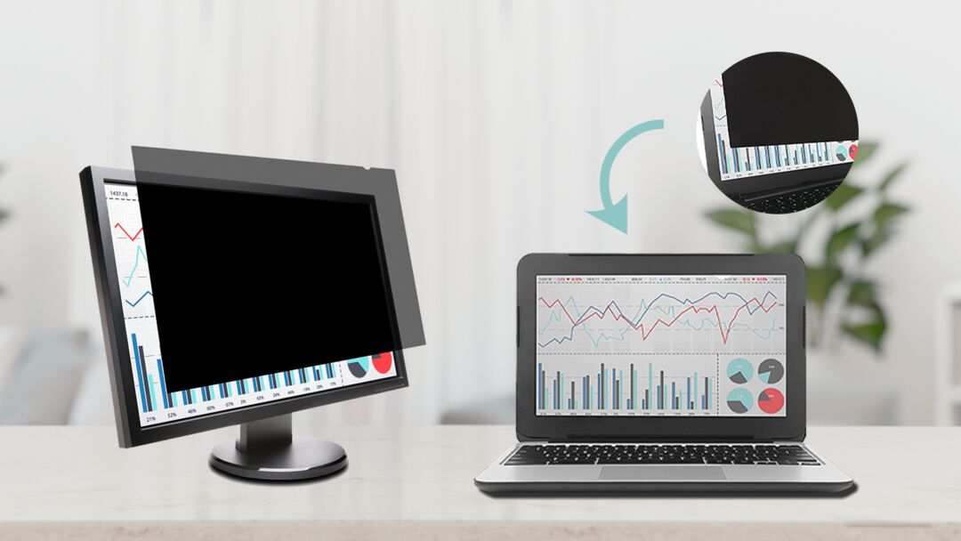 Monitor e laptop com gráficos de desempenho.