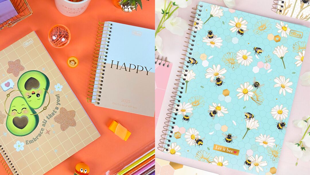 Cadernos coloridos com estampas de abacate e flores