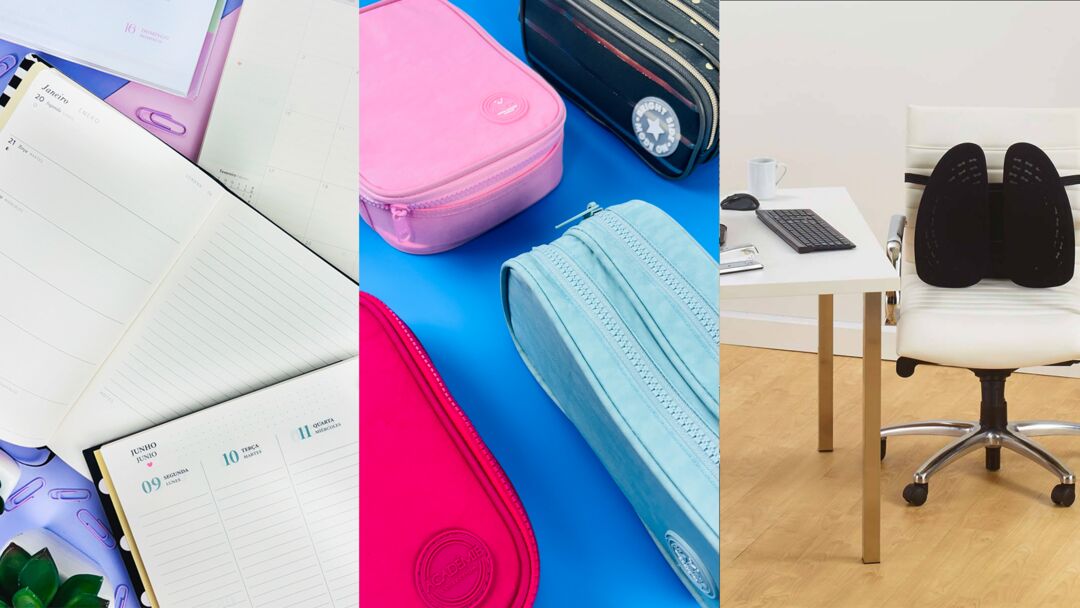 Materiais de escritório organizados sobre mesa