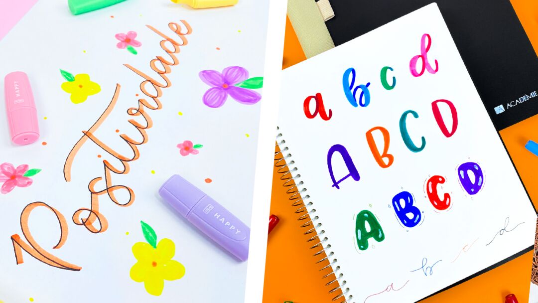 Arte com lettering e letras coloridas em caderno