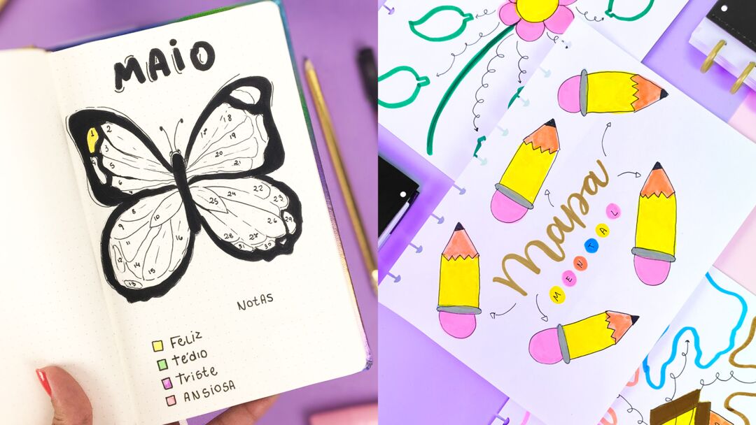 Desenhos criativos para o mês de maio em caderno.