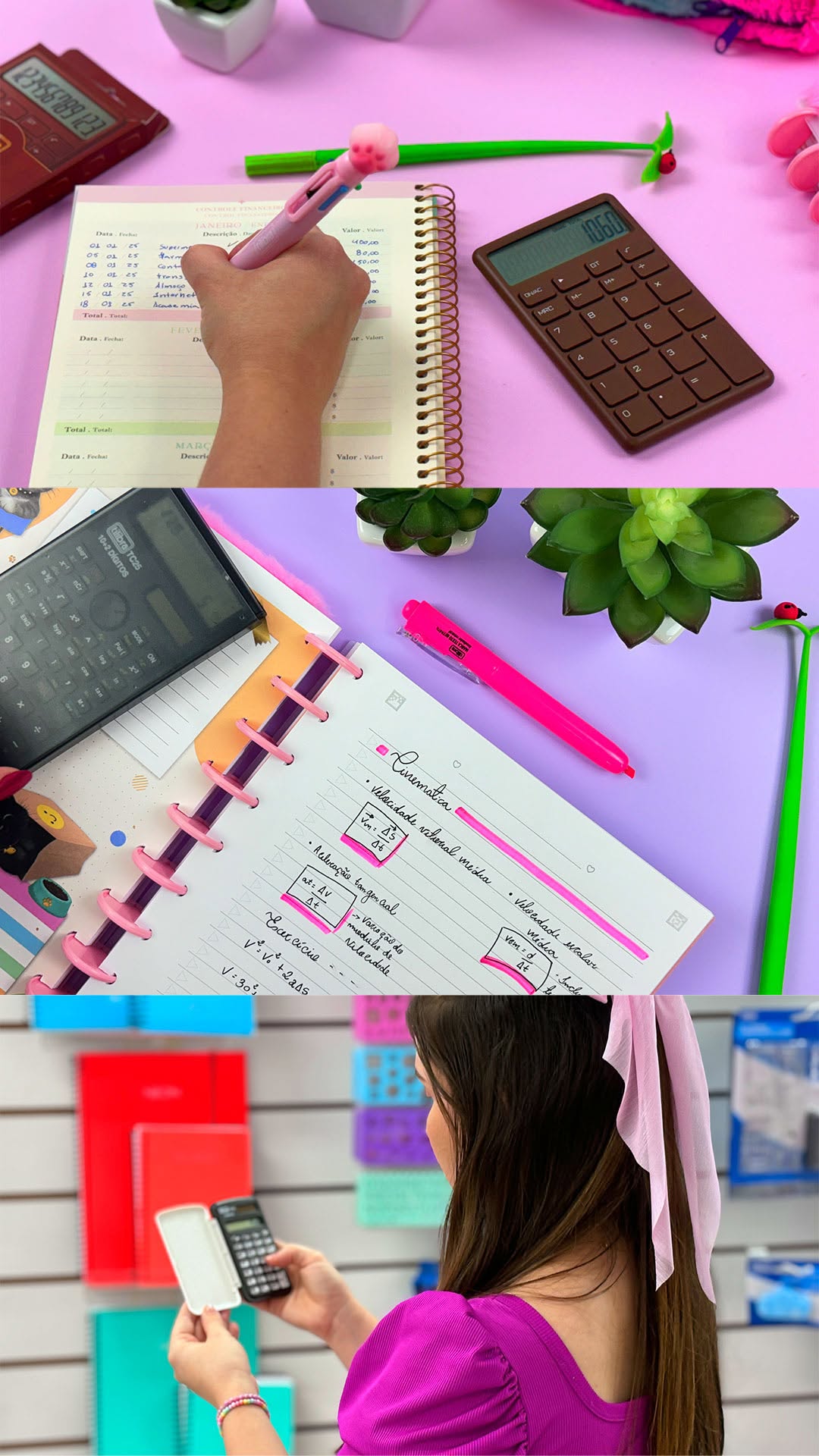 Mão escrevendo em caderno com calculadora e caneta rosa