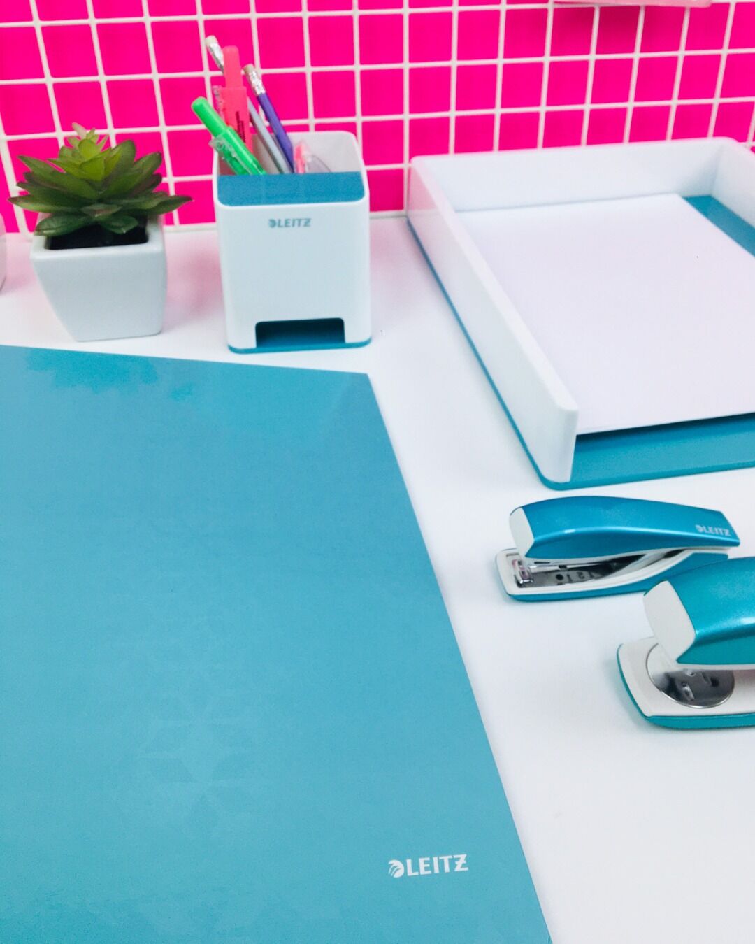 Materiais de escritório em azul e rosa vibrante.