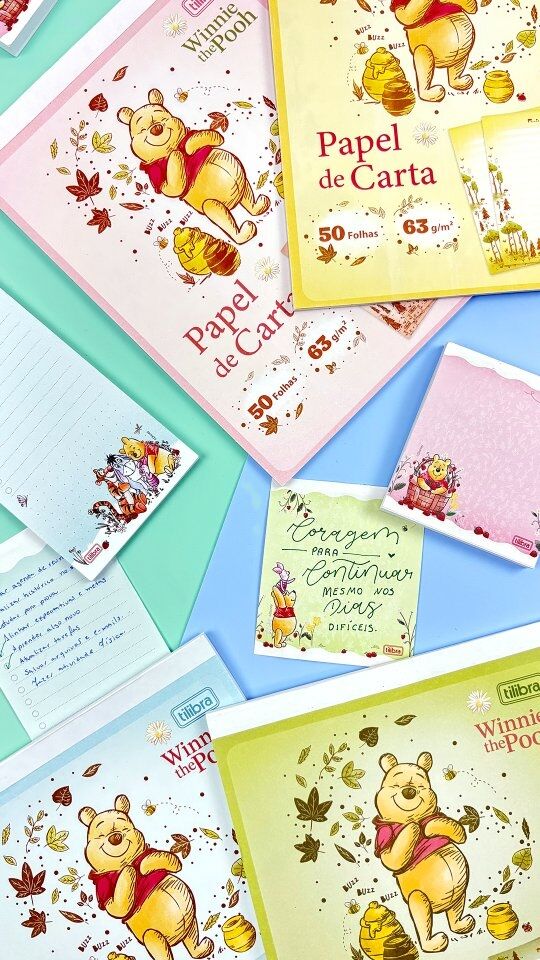 Papel de carta do Winnie Pooh com várias estampas.