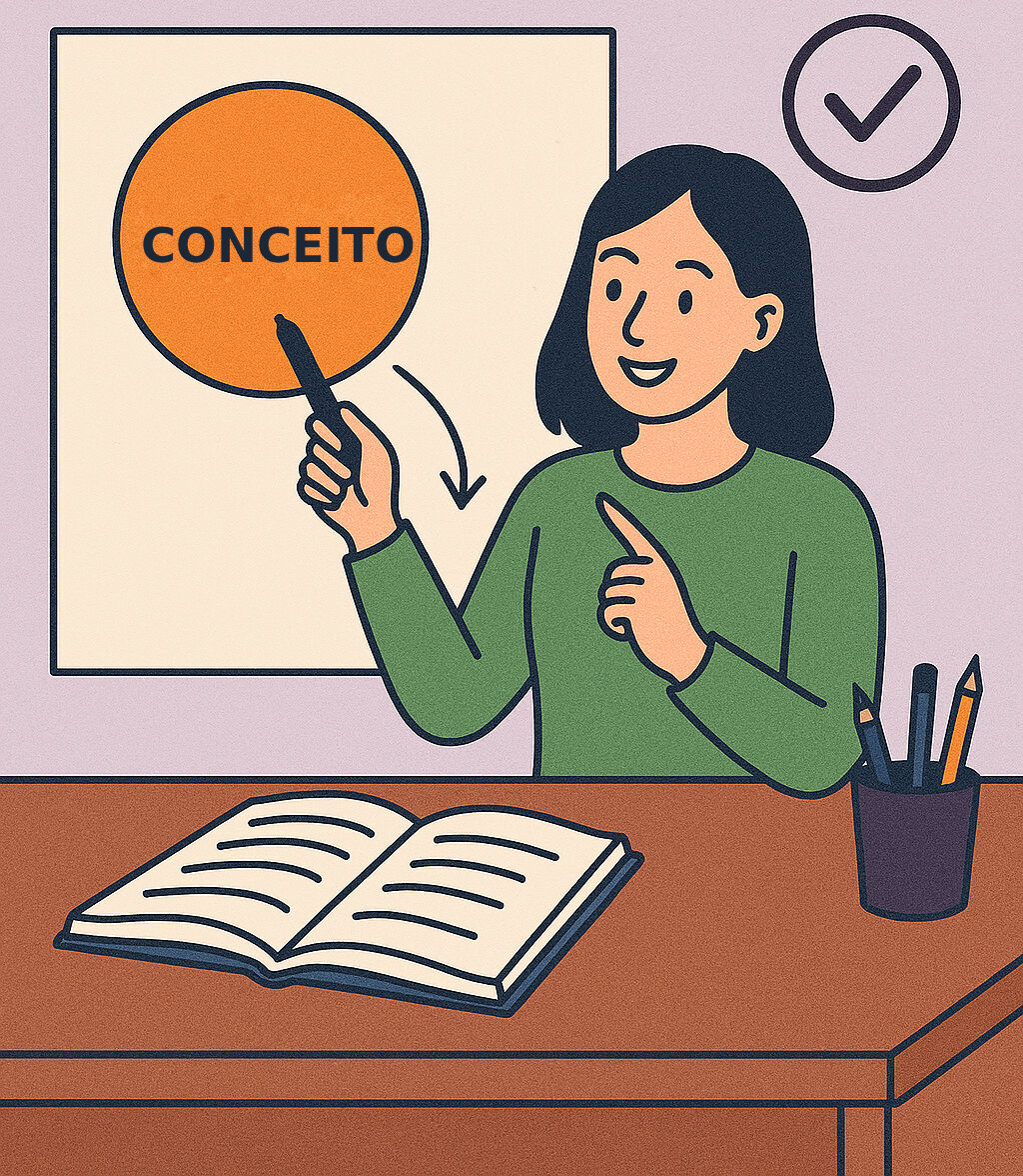 Pessoa explicando conceito com quadro e livro