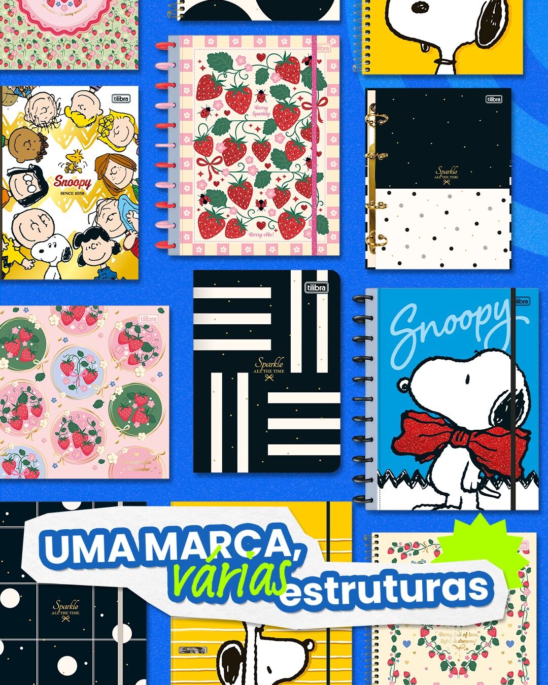 Cadernos variados com tema do Snoopy e frutas.
