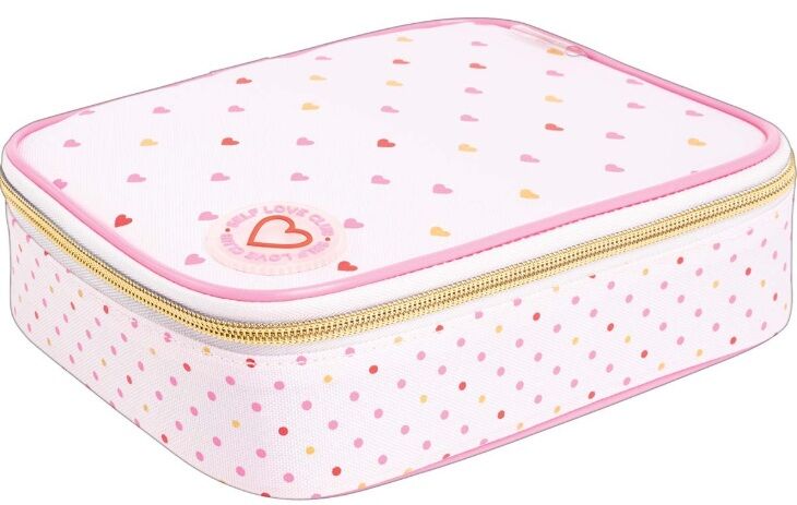 Estojo rosa com corações e zíper dourado