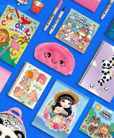 Materiais de papelaria coloridos e brinquedos fofos