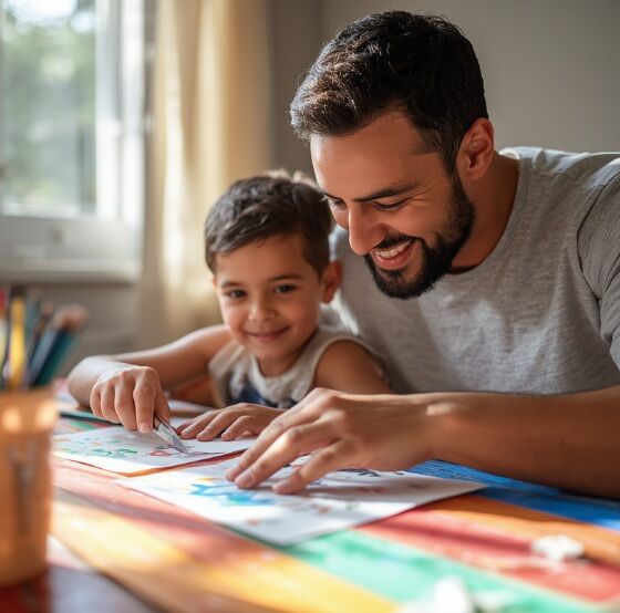 Pai e filho se divertindo com atividades de desenho