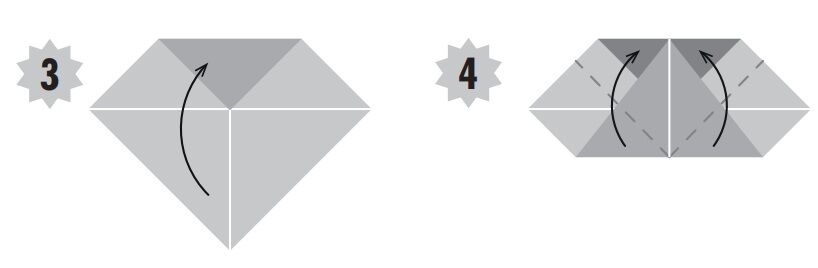 Ilustrações de etapas do origami em formato de diamante